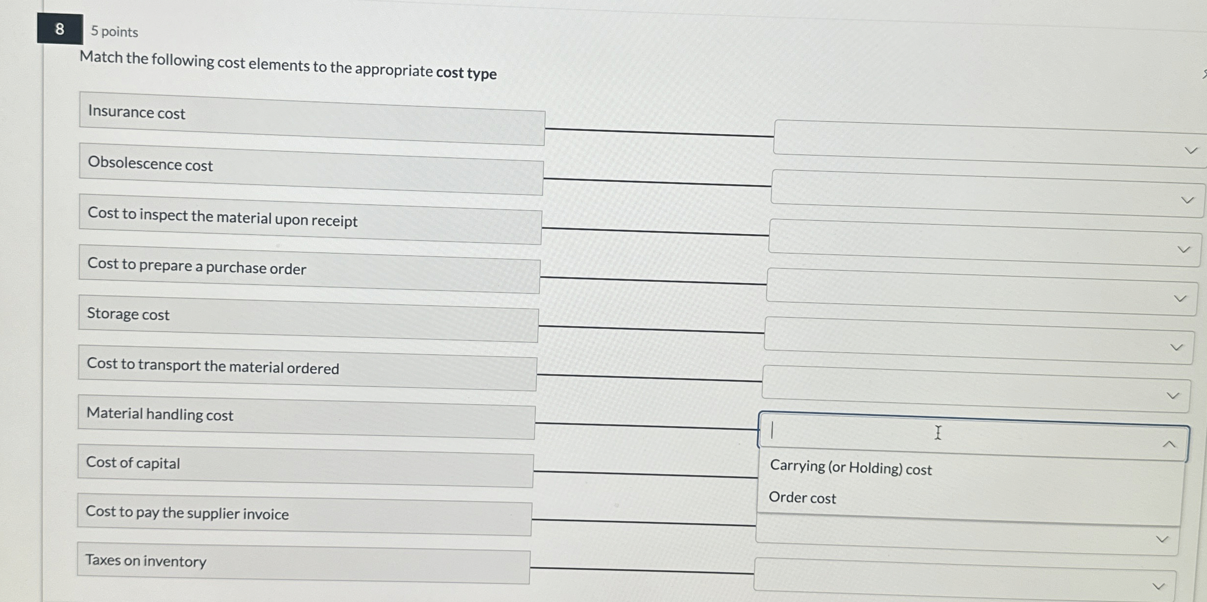  Match the following cost elements to the appropriate cost type Insurance