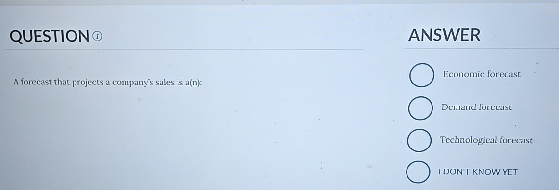  QUESTION(i) A forecast that projects a company's sales is a(n): ANSWER