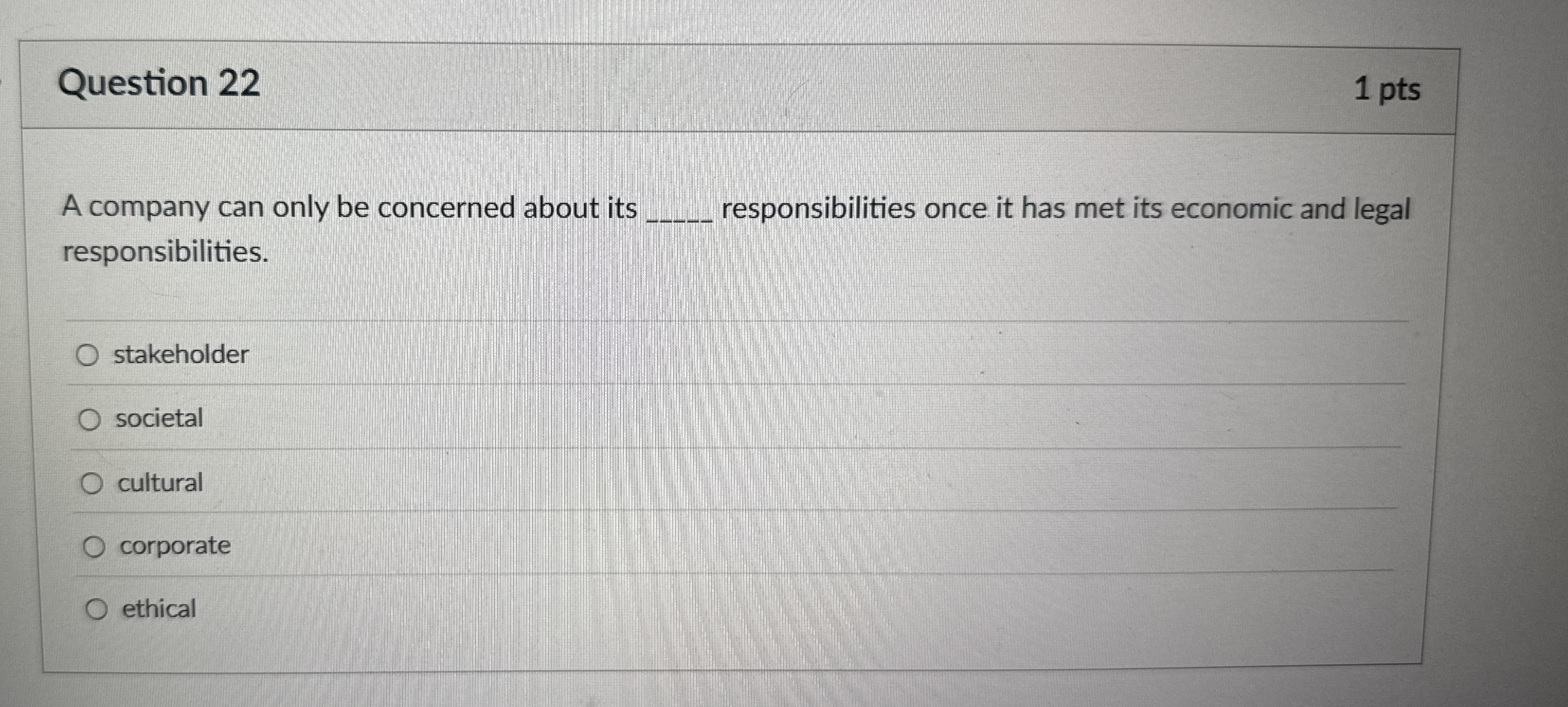  Question 22 1 pts A company can only be concerned about