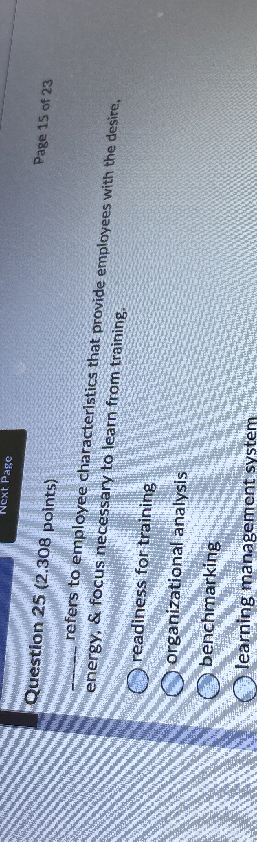  Question 25(2.308 points) Page 15 of 23 refers to employee characteristics