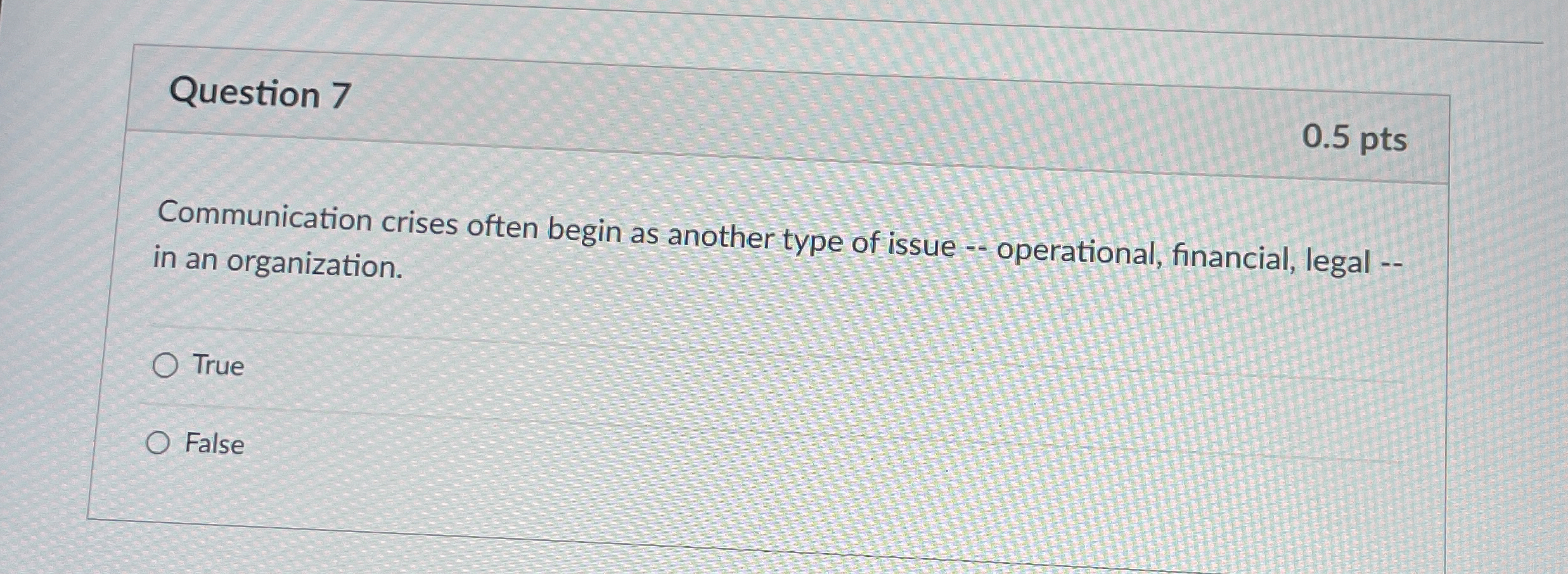  Question 7 0.5 pts Communication crises often begin as another type