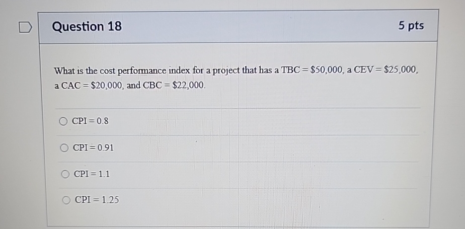  Question 18 5 pts What is the cost performance index for
