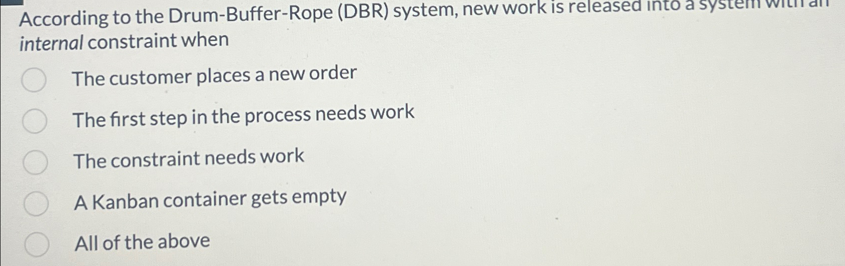  According to the Drum-Buffer-Rope (DBR) system, new work is released Into