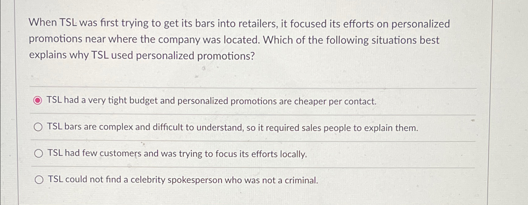  When TSL was first trying to get its bars into retailers,