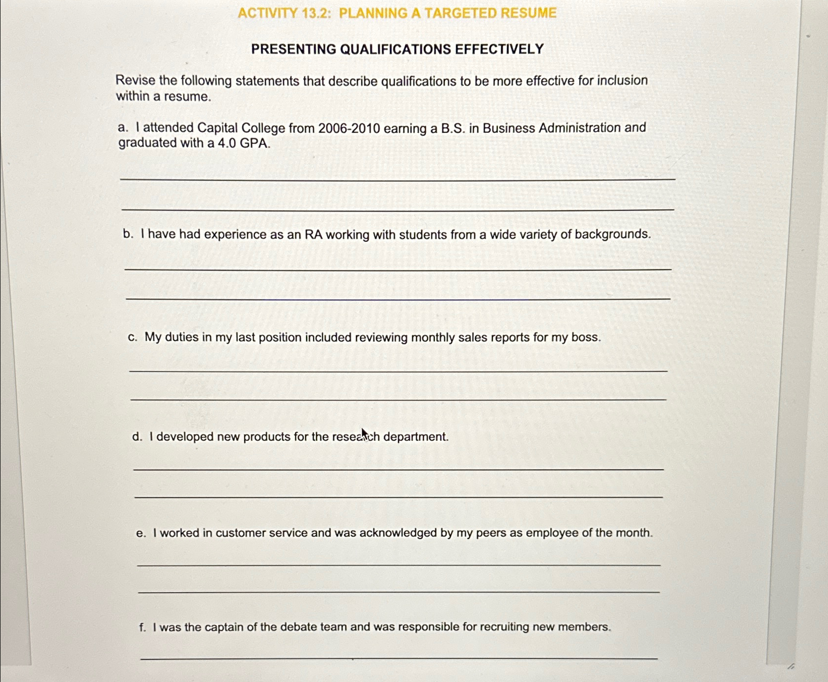  Chapter 13, Preparing Resumes and Application Messages, Student Handout ACTIVITY 13.2: