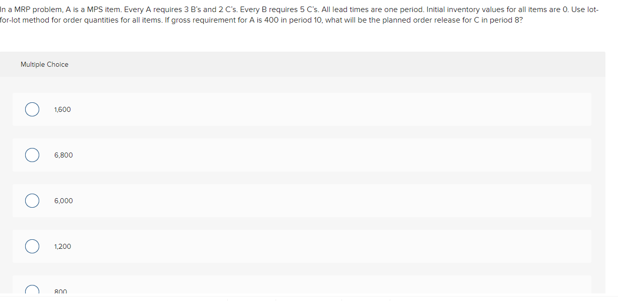  In a MRP problem, A is a MPS item. Every A
