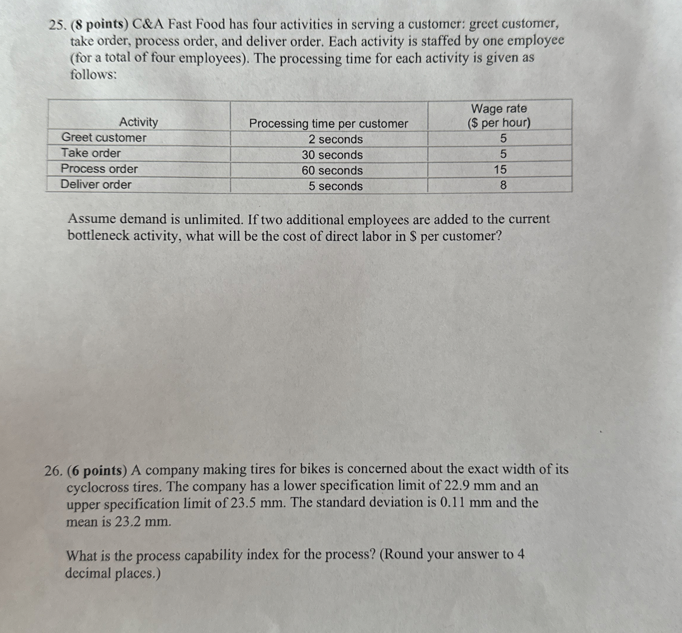  (8 points) C&A Fast Food has four activities in serving a