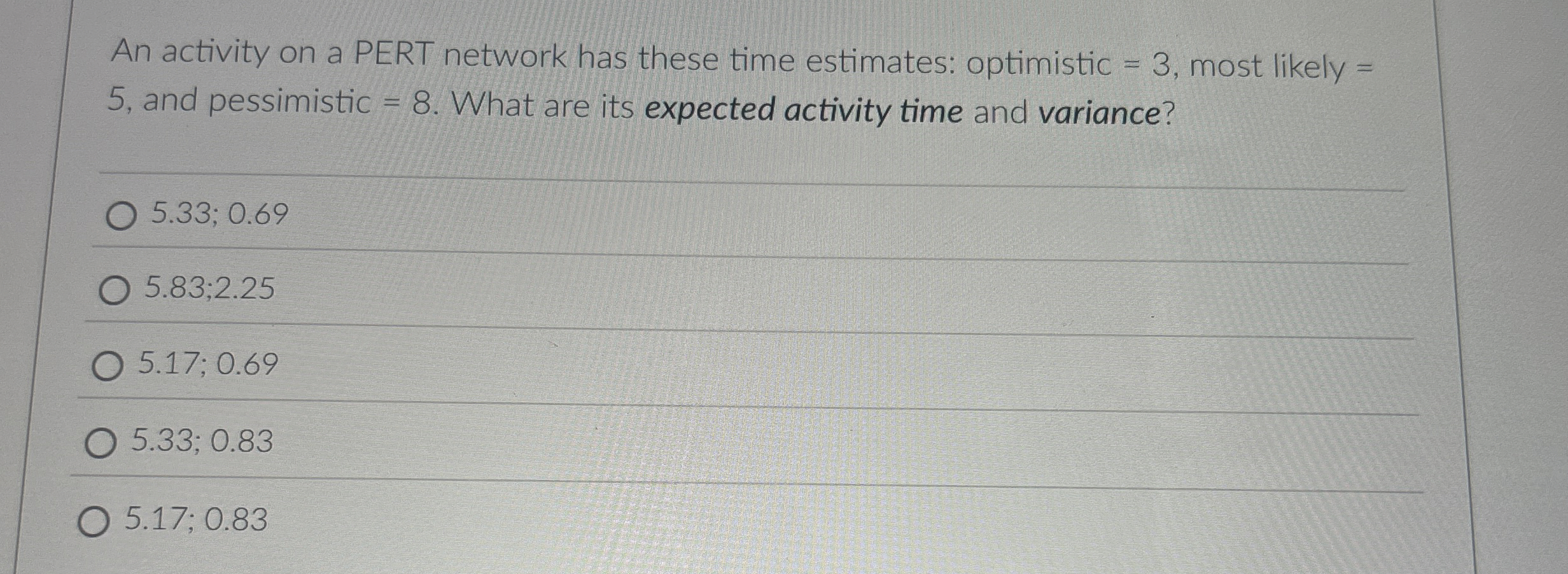  An activity on a PERT network has these time estimates: optimistic