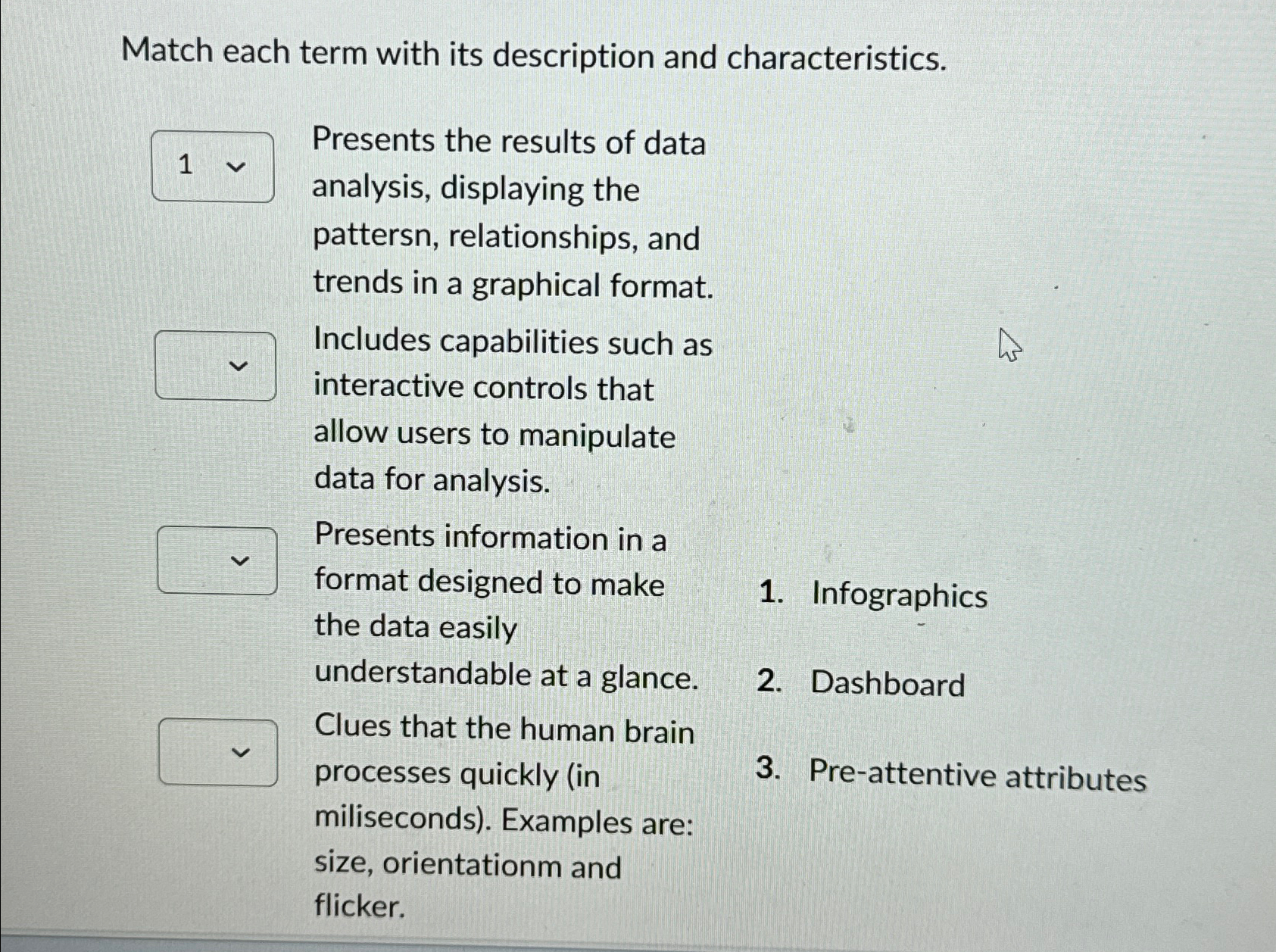  Match each term with its description and characteristics. Presents the results
