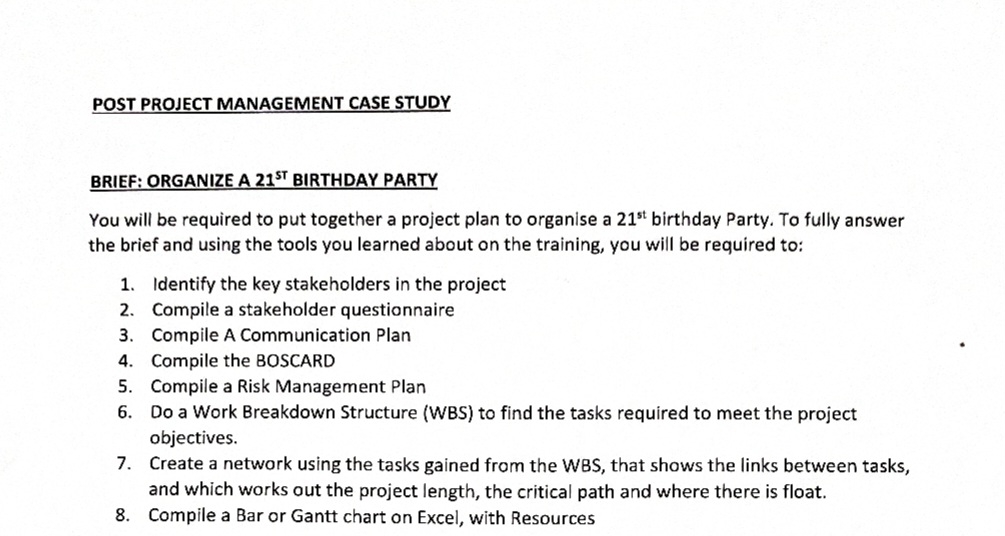  POST PROJECT MANAGEMENT CASE STUDY BRIEF: ORGANIZE A 21?ST BIRTHDAY PARTY