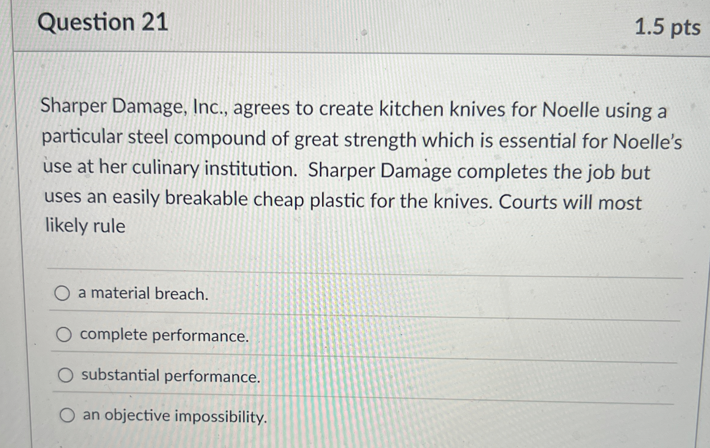  Question 21 1.5 pts Sharper Damage, Inc., agrees to create kitchen