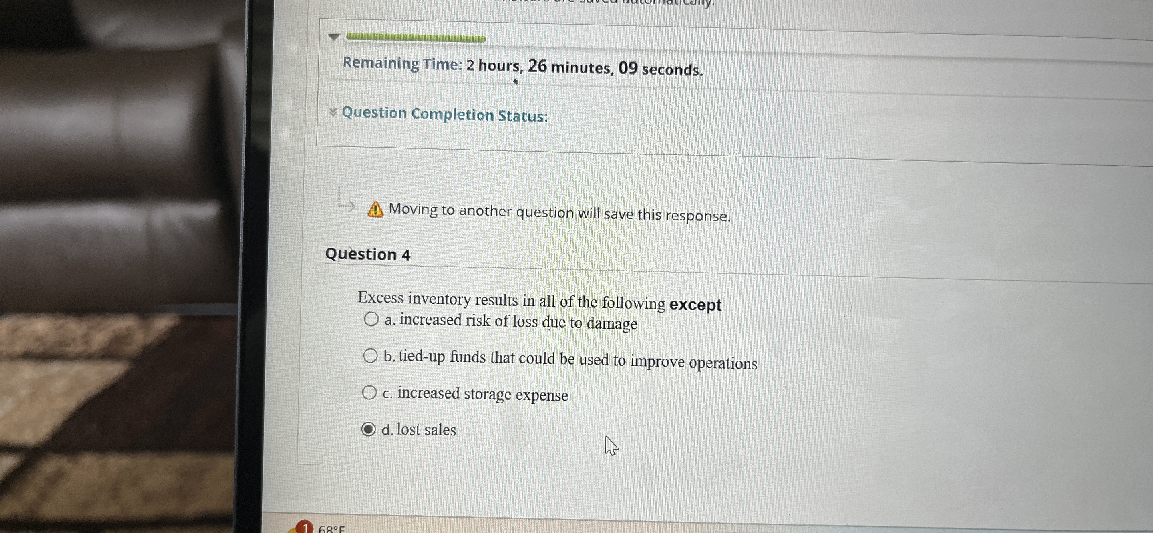  Remaining Time: 2 hours, 26 minutes, 09 seconds. Question Completion Status: