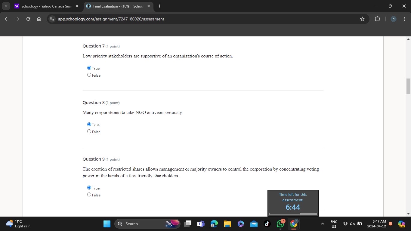  Question 7(1 point) Low priority stakeholders are supportive of an organization's