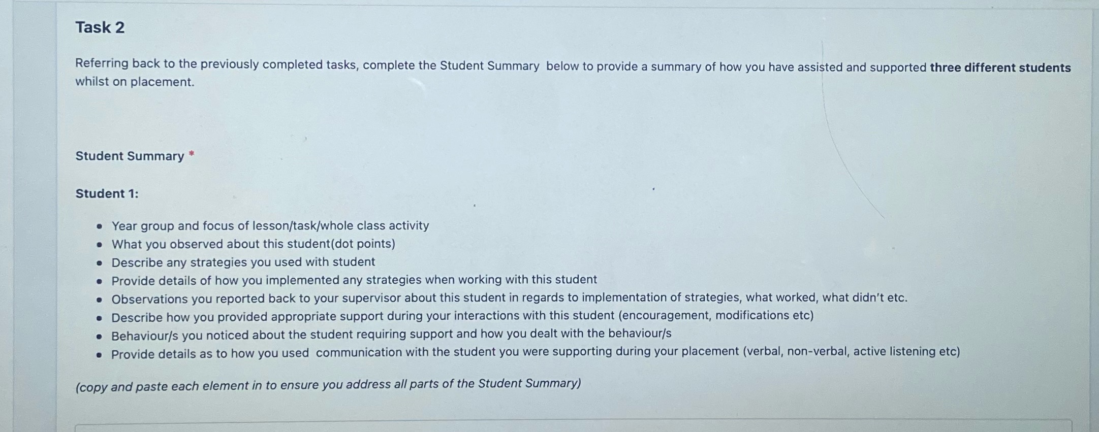 Task 2 Referring back to the previously completed tasks, complete the