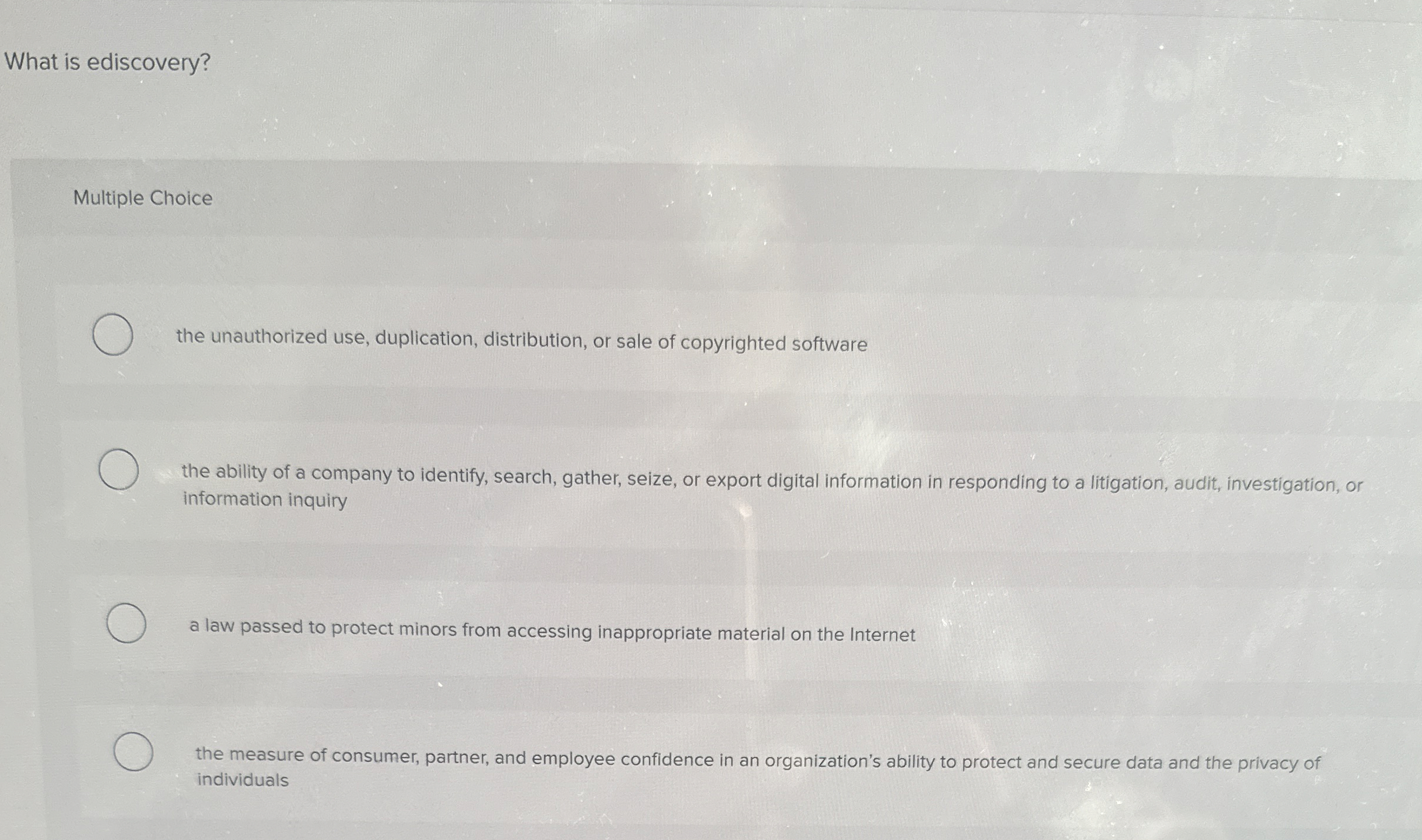  What is ediscovery? Multiple Choice the unauthorized use, duplication, distribution, or