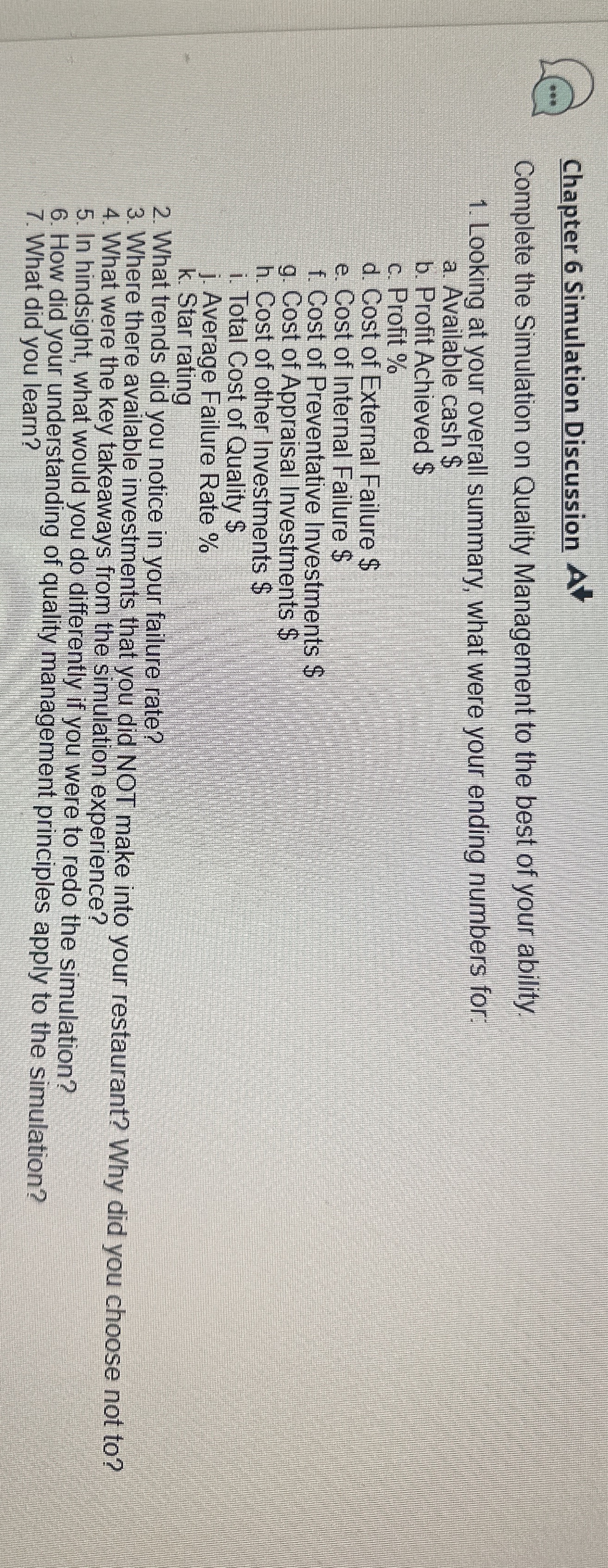  Chapter 6 Simulation Discussion Complete the Simulation on Quality Management to