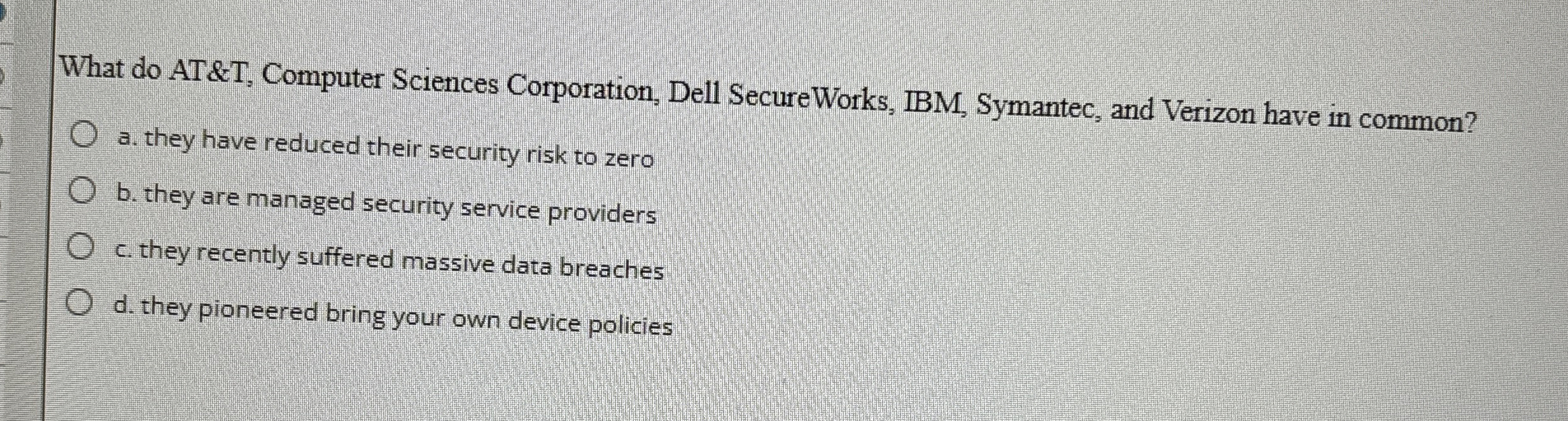  What do AT&T, Computer Sciences Corporation, Dell SecureWorks, IBM, Symantec, and