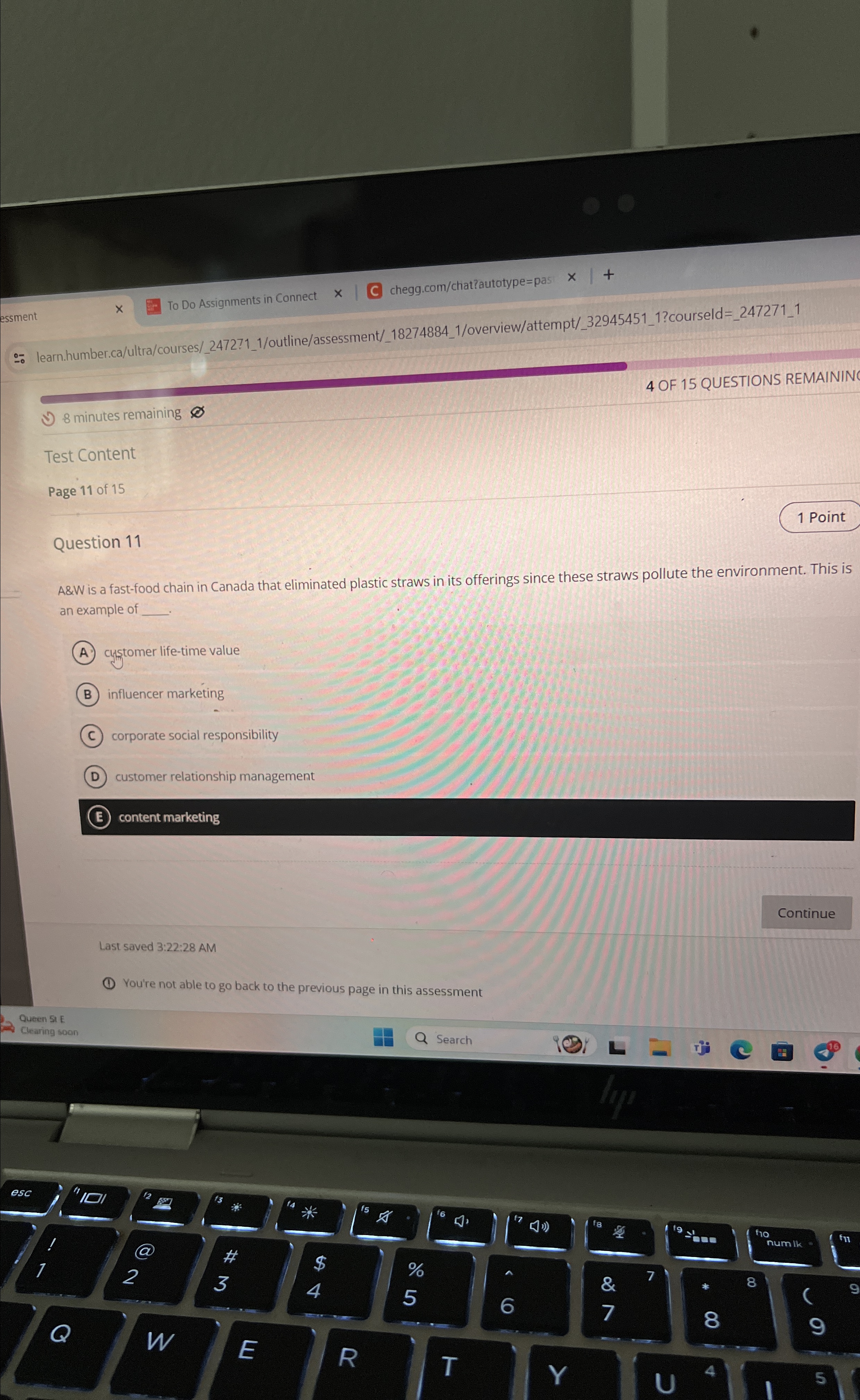  essment To Do Assignments in Connect chegg.com/chat?autotype=pas learn.humber.ca/ultra/courses/_2472?1_1/outline/assessment/_18274884_1/overview/attempt/_32945451_1?courseld=_247271_1 8 minutes remainin