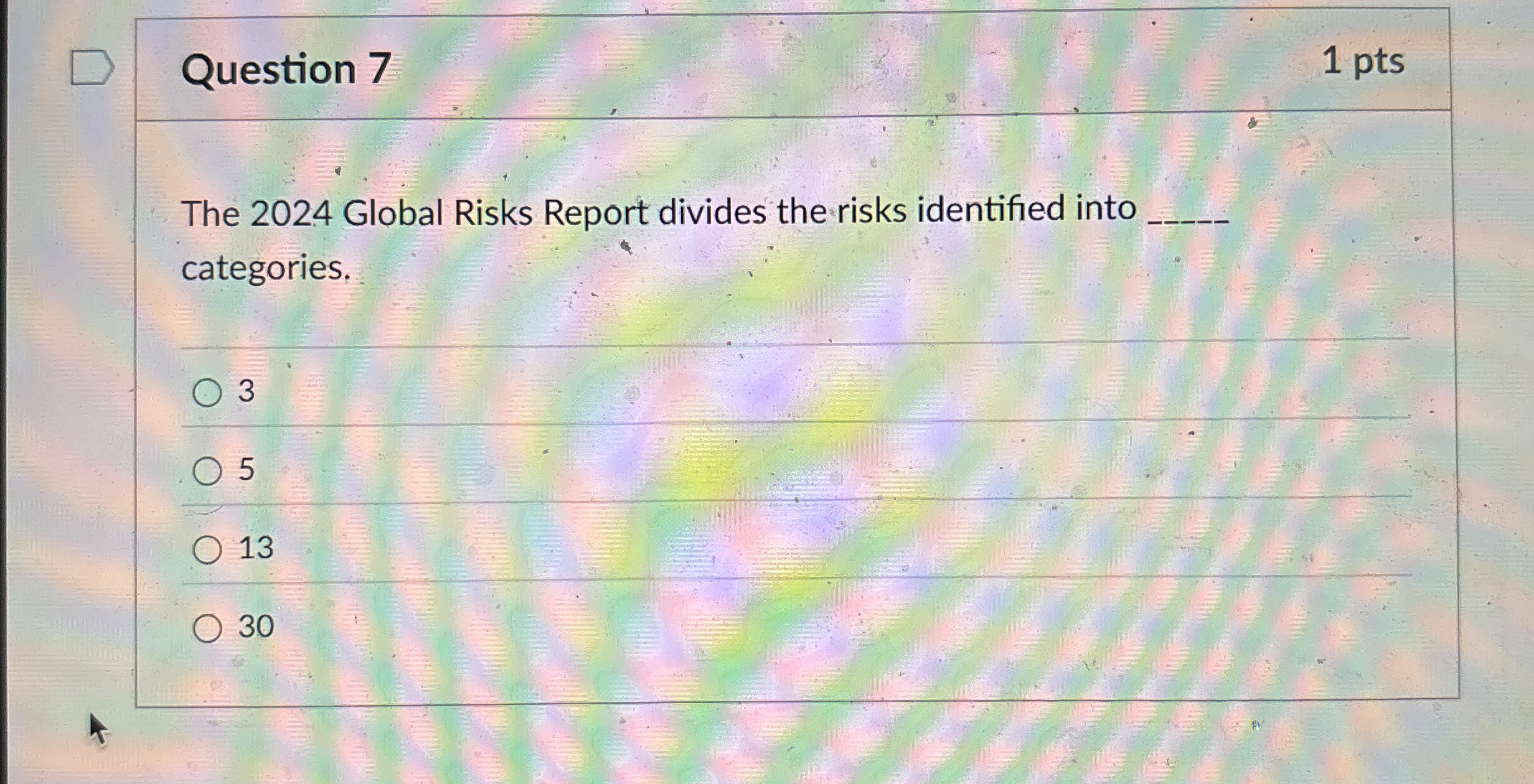  Question 7 1 pts The 2024 Global Risks Report divides the