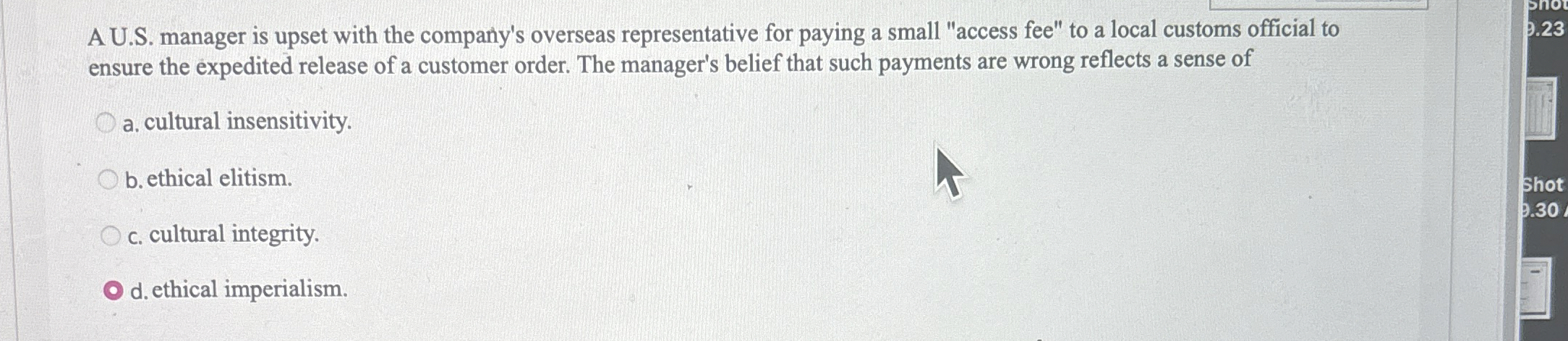  A U.S. manager is upset with the company's overseas representative for