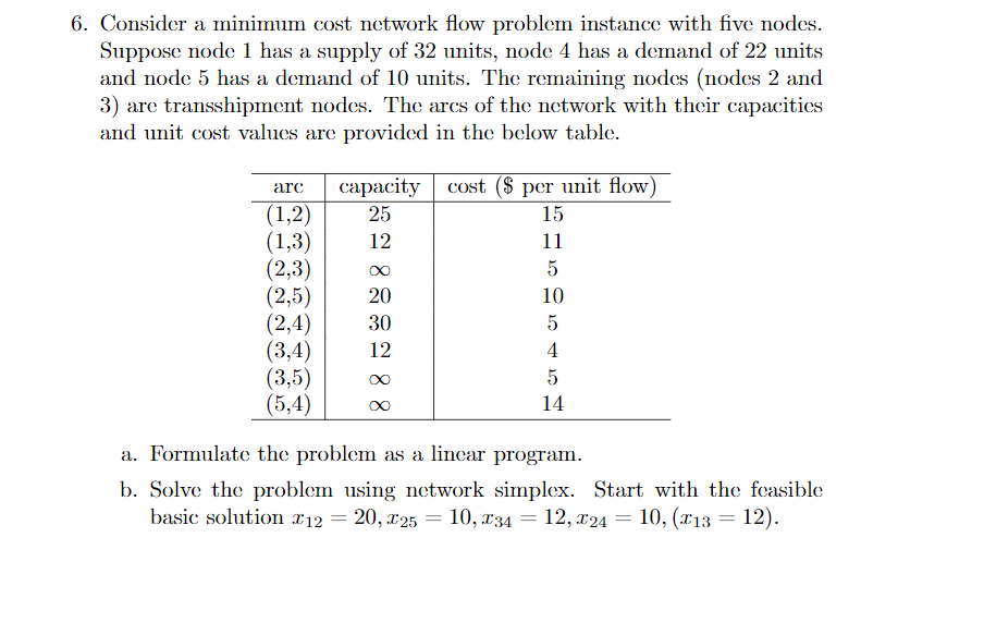  Consider a minimum cost network flow problem instance with five nodes.