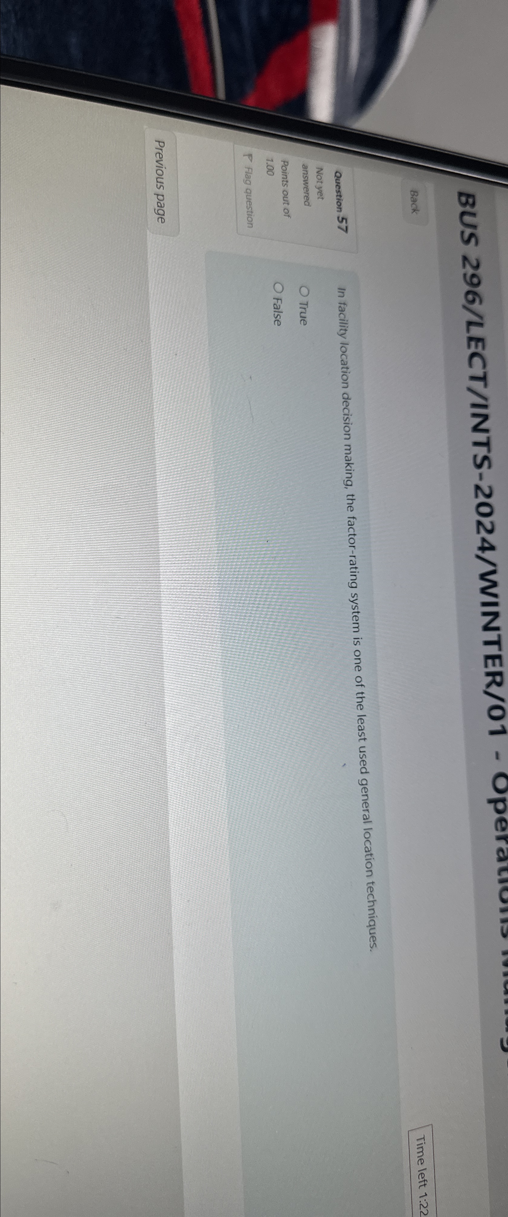  BUS 296/LECT/INTS-2024/WINTER/01 Back Time left 1:22 Question 57 In facility location