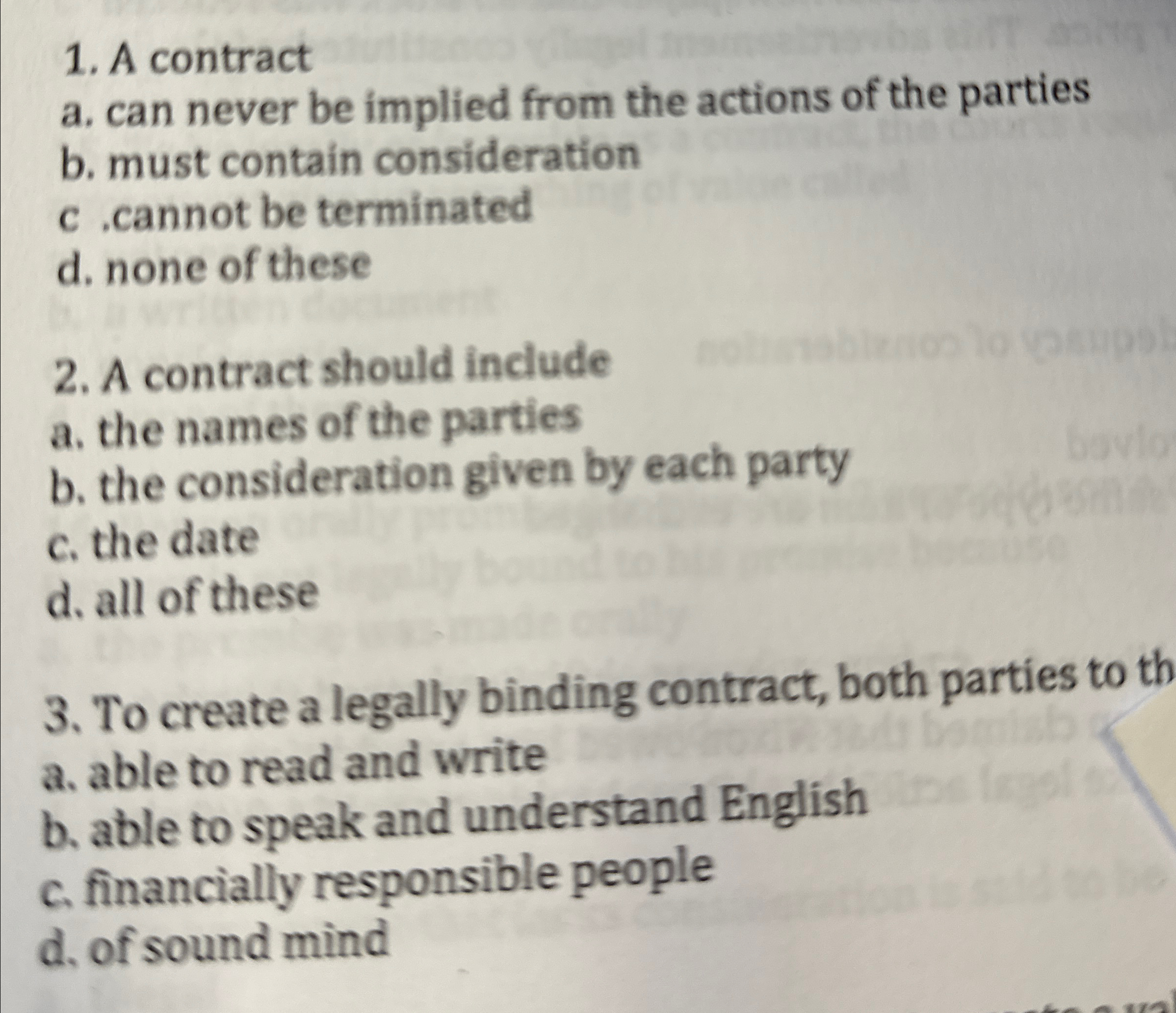  A contract a. can never be implied from the actions of