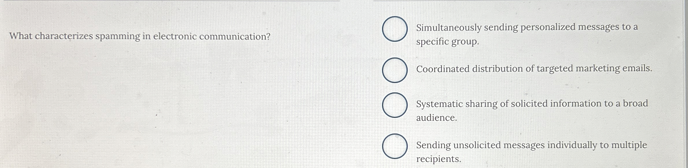  What characterizes spamming in electronic communication? Simultaneously sending personalized messages to