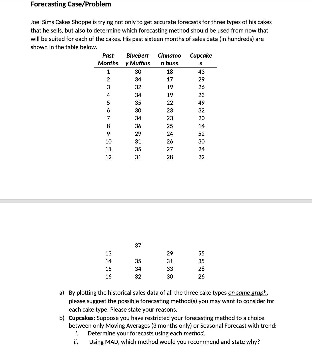 Forecasting Case/Problem Joel Sims Cakes Shoppe is trying not only to
