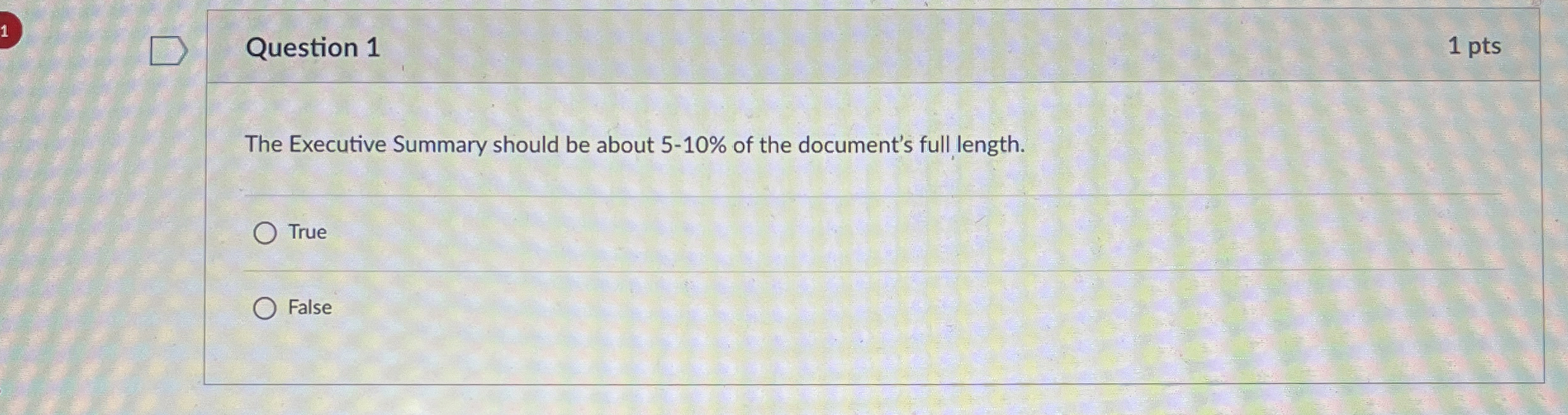  1 Question 1 1 pts The Executive Summary should be about