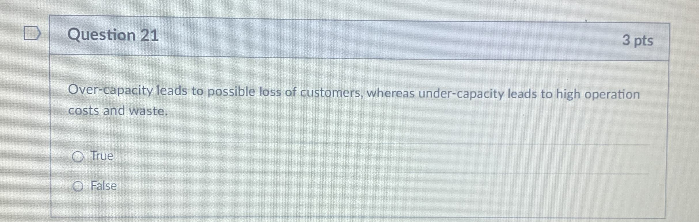  Question 21 Over-capacity leads to possible loss of customers, whereas under-capacity