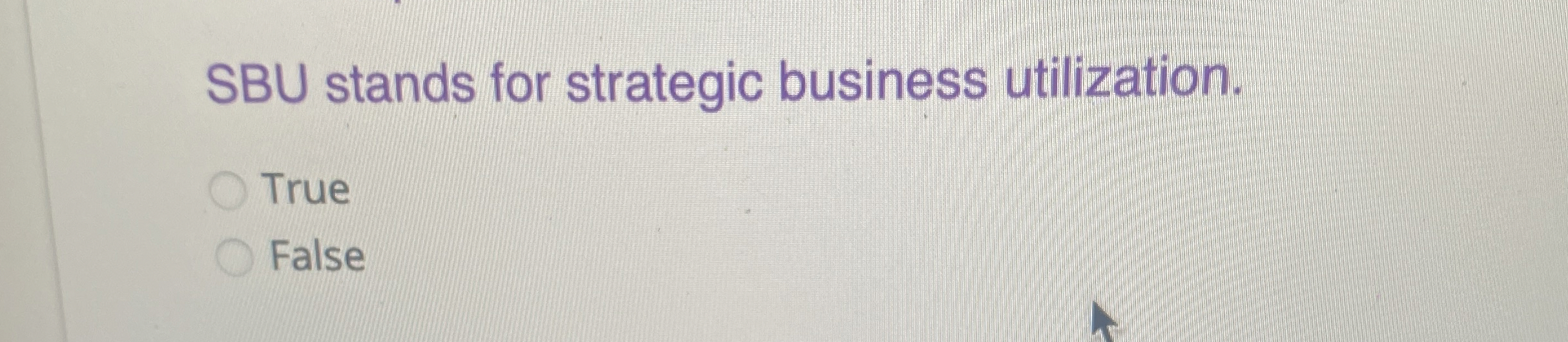  SBU stands for strategic business utilization. True False 