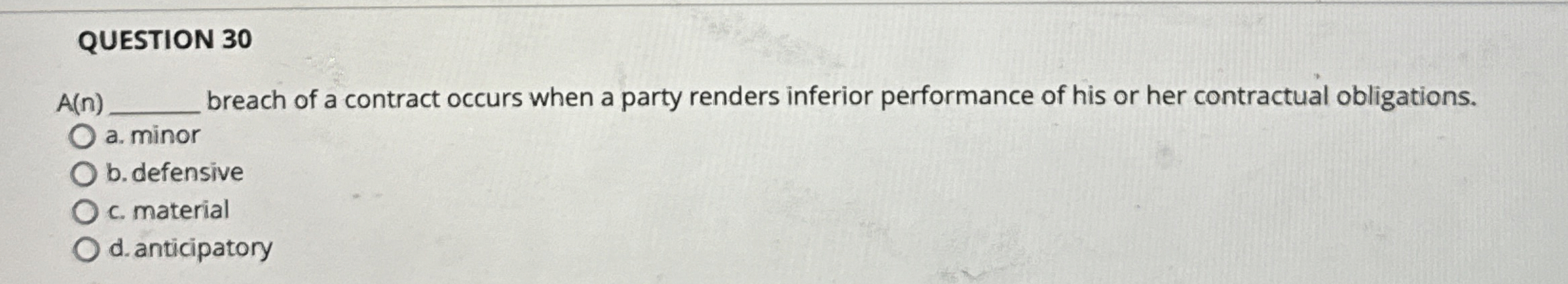  QUESTION 30 A(n)q, breach of a contract occurs when a party