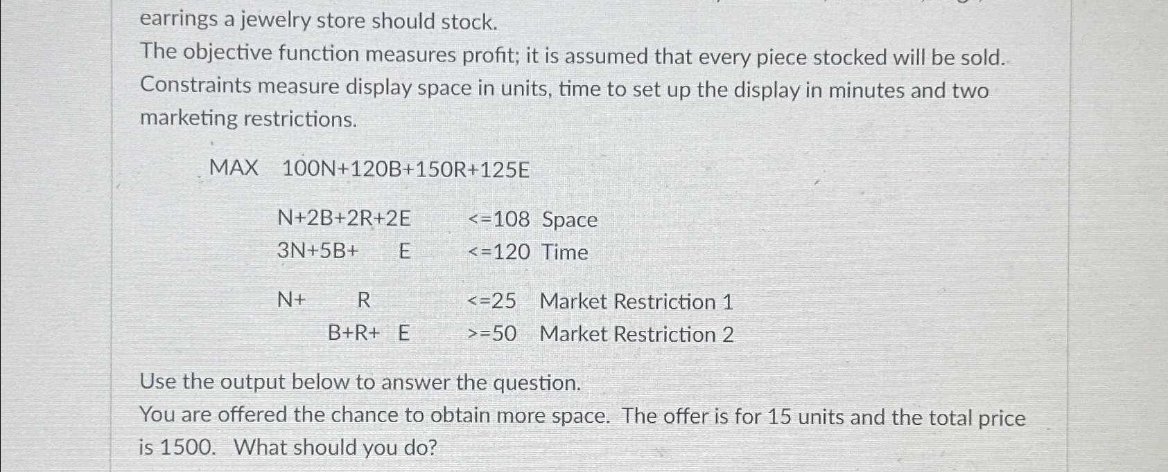  earrings a jewelry store should stock. The objective function measures profit;