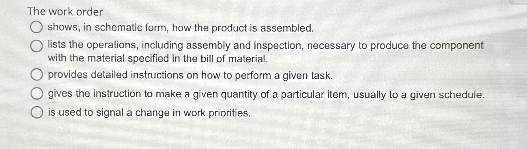  The work order shows, in schematic form, how the product is