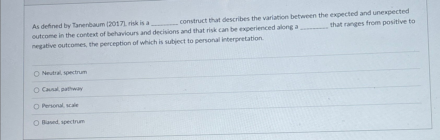  As defined by Tanenbaum (2017), risk is a . construct that