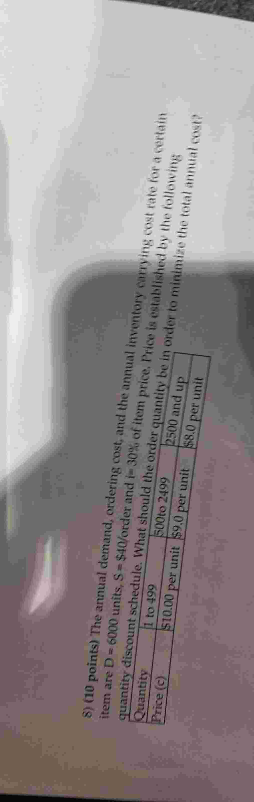  (10 points) The annual demand, ordering cost, and the annual inventory