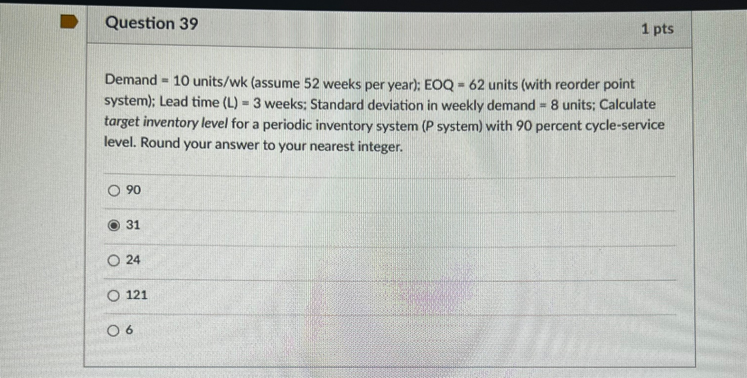  Demand =10 units/wk (assume 52 weeks per year); EOQ =62 units