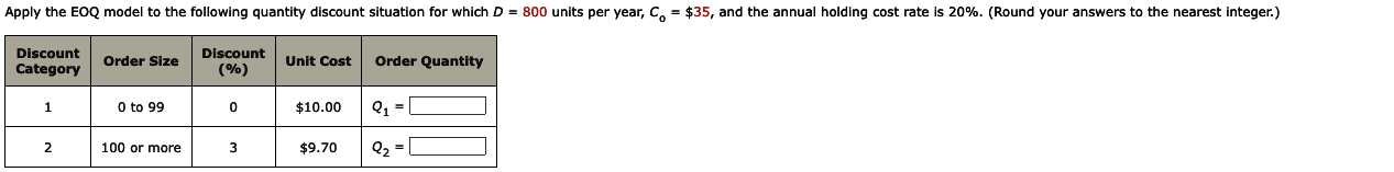  Apply the EOQ model to the following quantity discount situation for