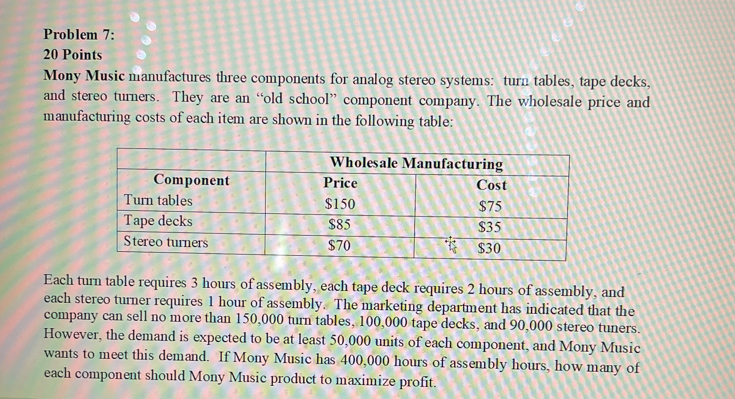  Problem 7: 20 Points Mony Music manufactures three components for analog