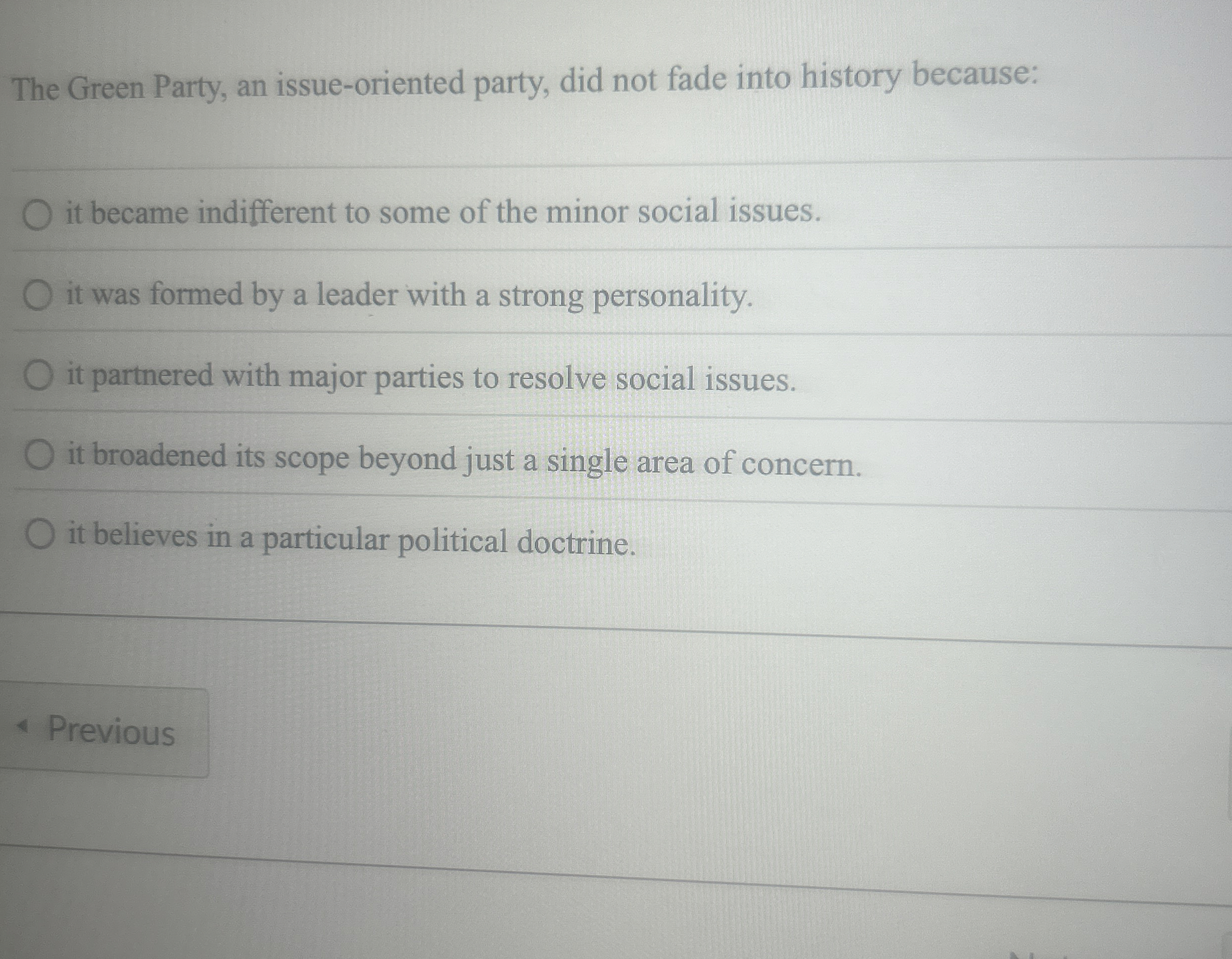  The Green Party, an issue-oriented party, did not fade into history