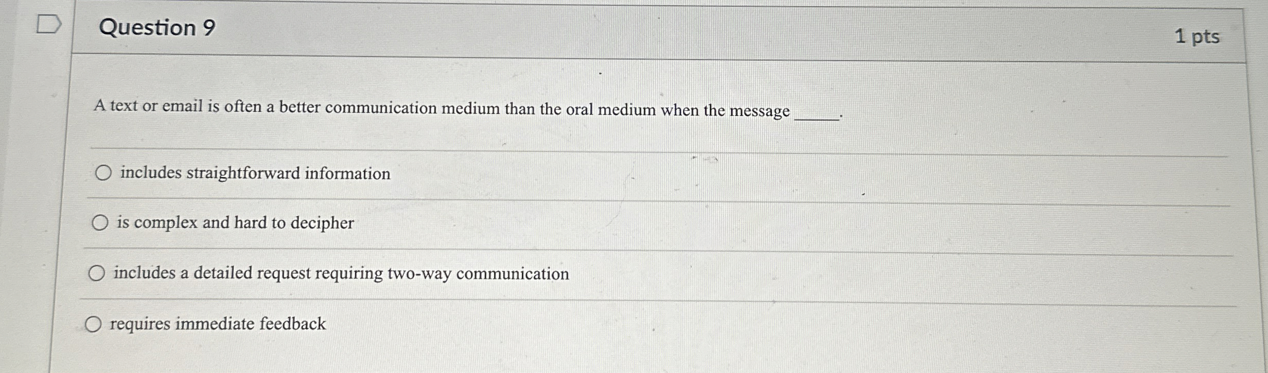  Question 9 1 pts A text or email is often a