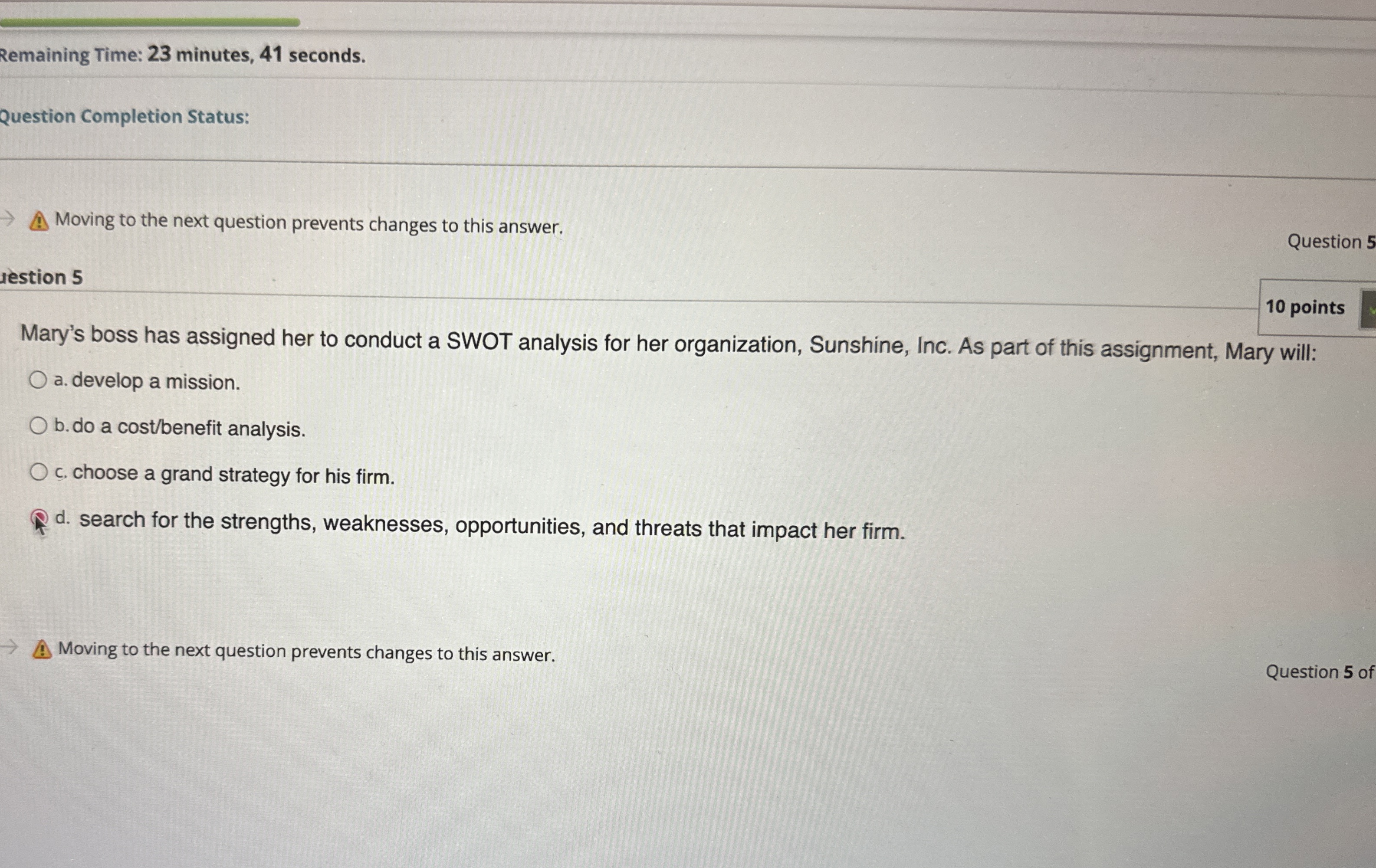  Remaining Time: 23 minutes, 41 seconds. Question Completion Status: Moving to