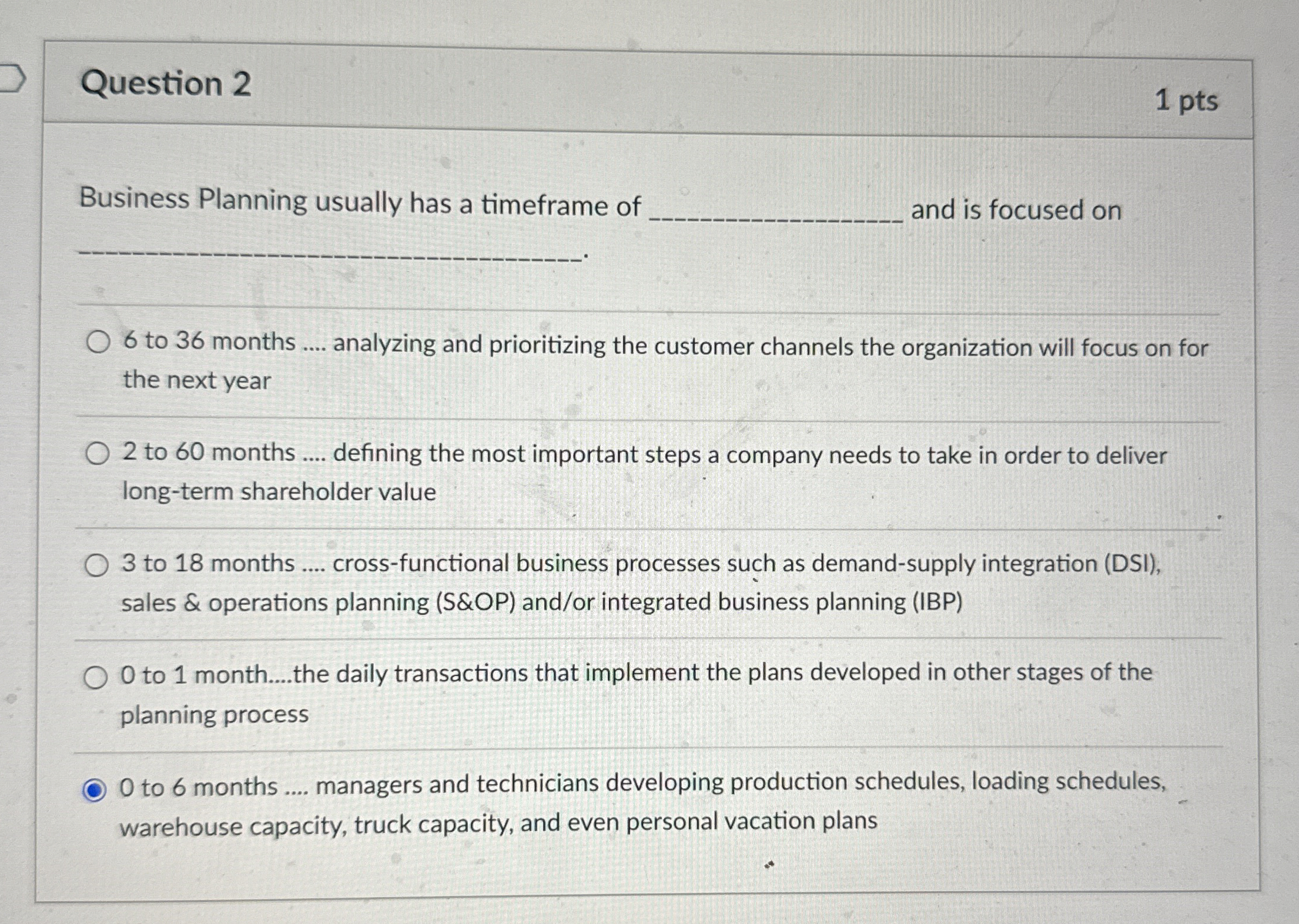  Question 2 1 pts Business Planning usually has a timeframe of