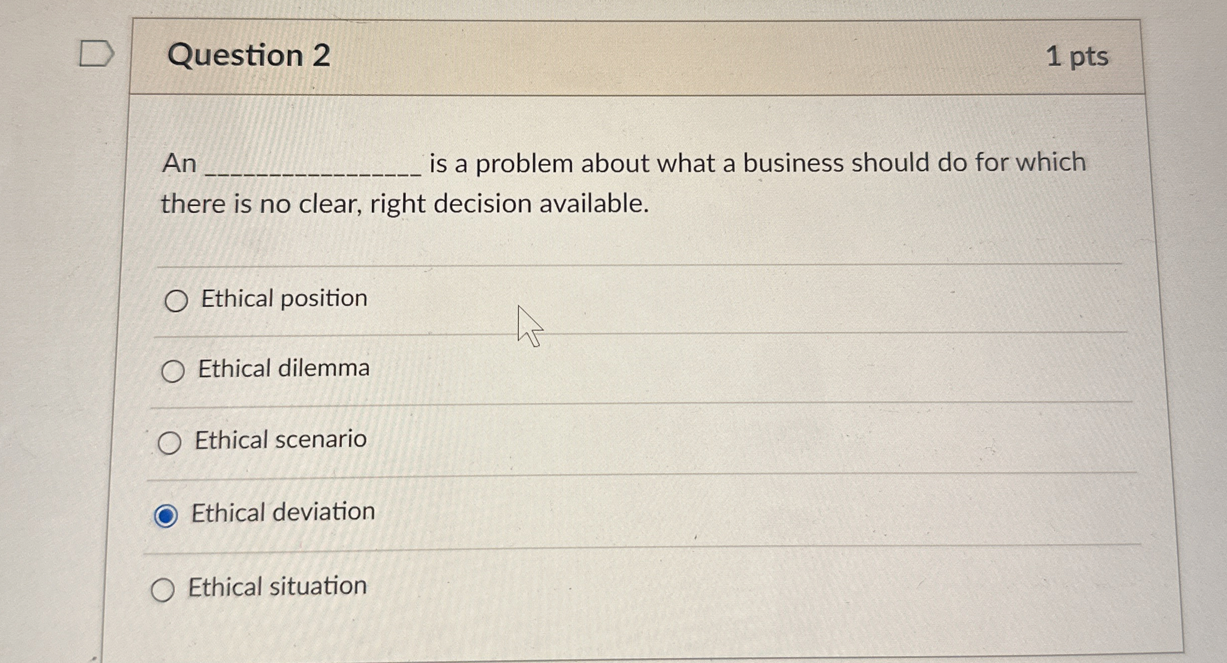  Question 2 1 pts An is a problem about what a