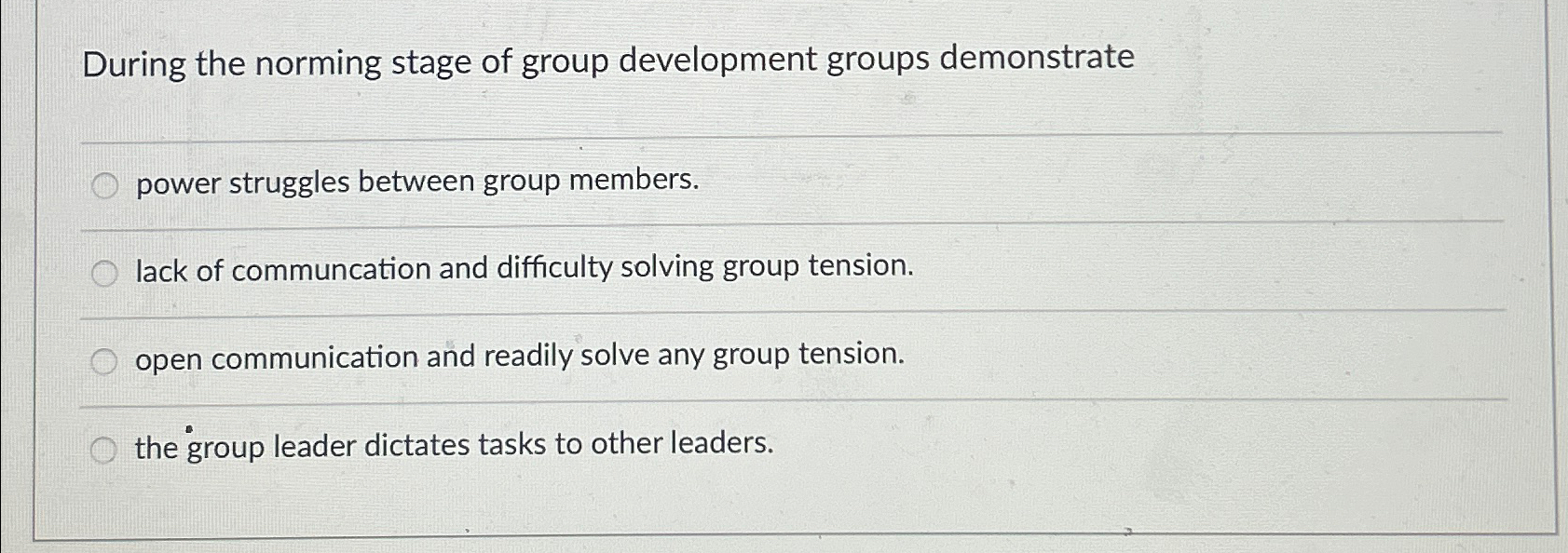  During the norming stage of group development groups demonstrate power struggles