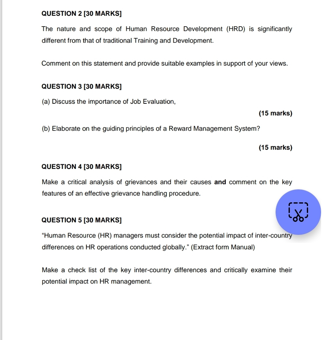 QUESTION 2[30 MARKS] The nature and scope of Human Resource Development