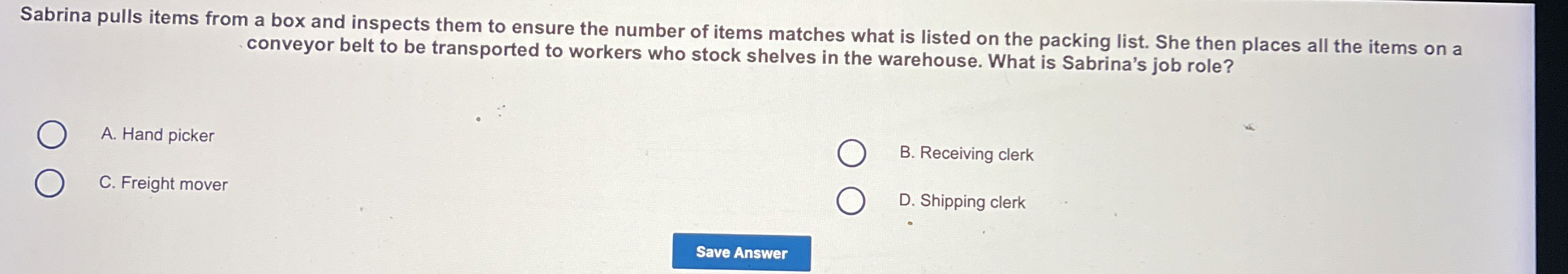  Sabrina pulls items from a box and inspects them to ensure