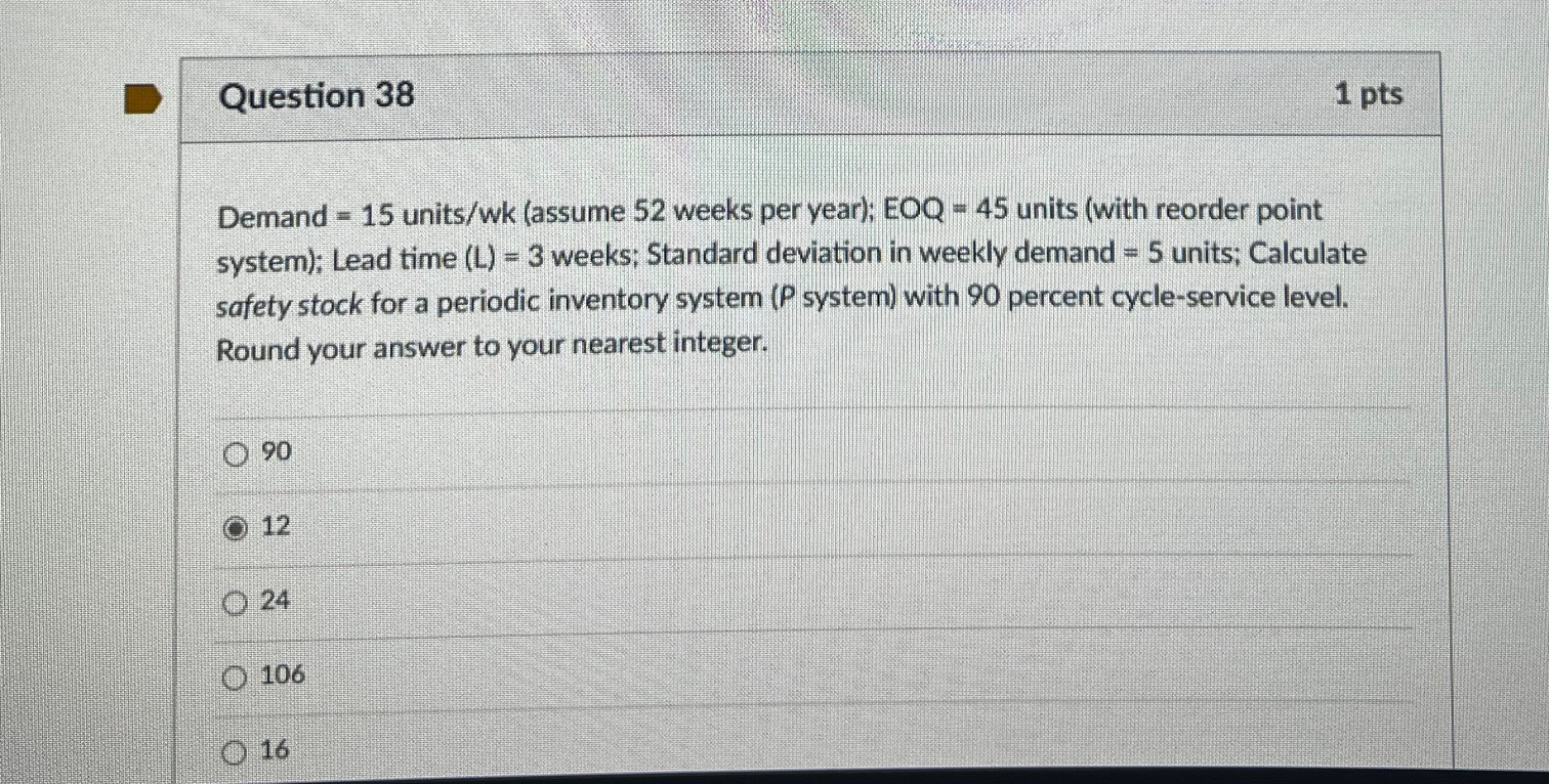  Question 38 Demand =15 units/wk (assume 52 weeks per year); EOQ=45