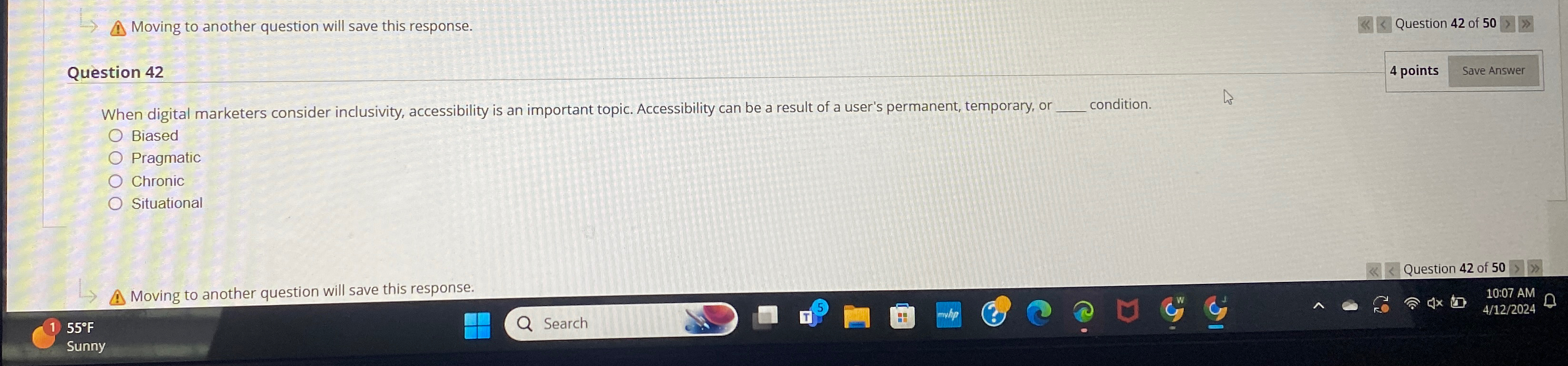 Moving to another question will save this response. Question 42 of